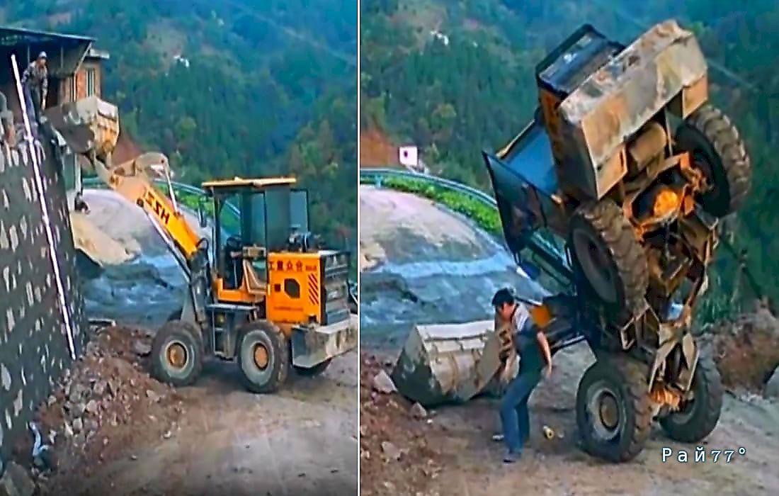 Трактор застыл в «неестественной позе» на стройплощадке: видео