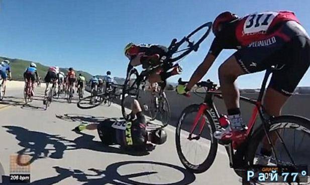 Дэвид Акино, участник велогонки, проходящей по автомагистрали недалеко от Санта - Барбары, запечатлел на видеокамеру, прикреплённую к шлему момент массового столкновения велосипедистов.