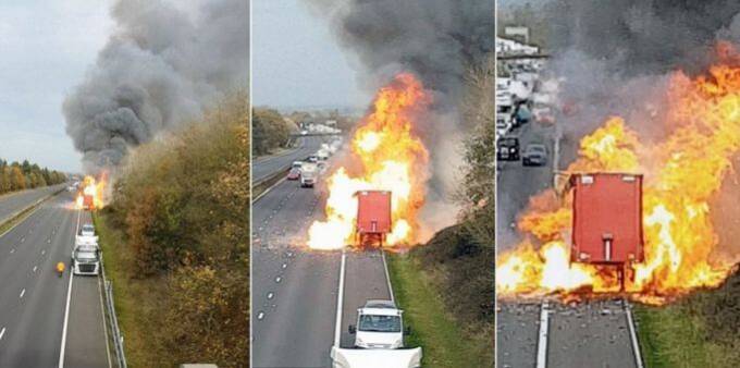Грузовик с партией бытовой химии на борту взорвался на автотрассе в Британии. (Видео)