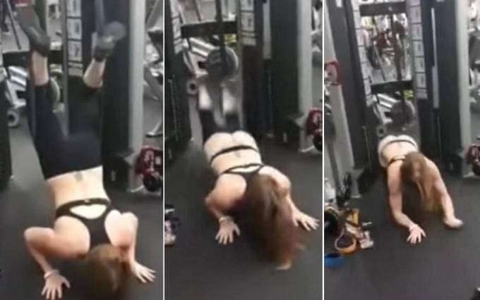 Девушка «выпала» из легинсов во время занятий фитнесом в спортзале в США. (Видео)