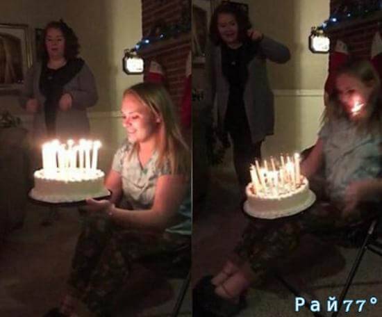 Неуклюжая американка испортила причёску и уронила торт со свечами на своём дне рождения. (Видео)