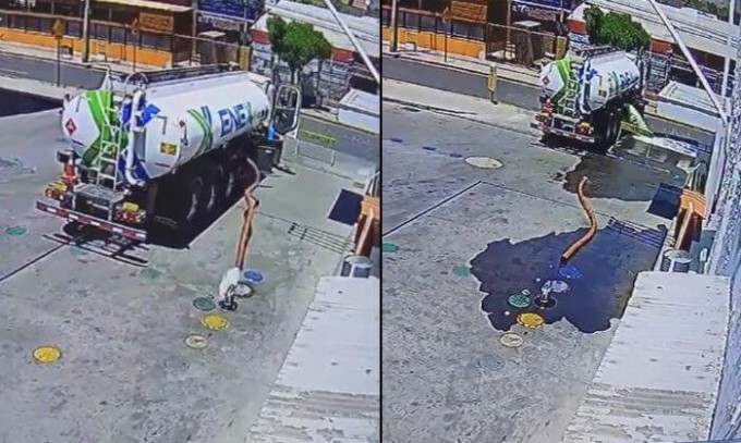 Укатившийся от водителя бензовоз, опустошил цистерну возле АЗС в Чили (Видео)