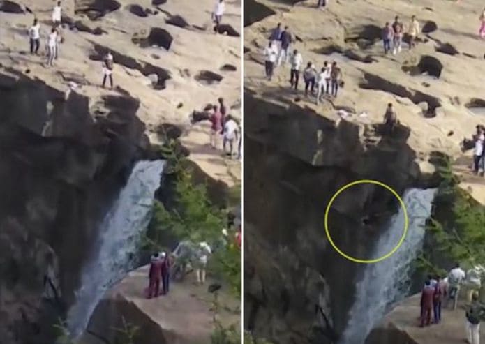 Случайный свидетель снял падение туриста с 50-метровой высоты водопада в Индии Случайный свидетель снял падение туриста с 50-метровой высоты водопада в Индии