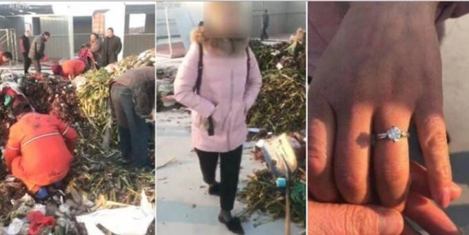 Рабочие помогли китаянке найти в 13 тоннах мусора обручальное кольцо. (Видео)