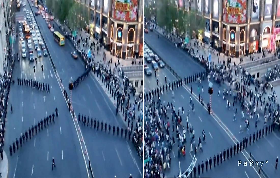 200 китайских омоновцев устроили зрелищный кордон для прохода пешеходов на автотрассе