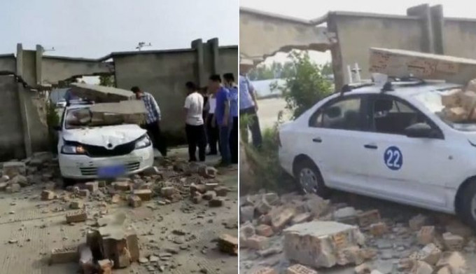Неудачливая автомобилистка снесла бетонный забор в китайской автошколе (Видео)