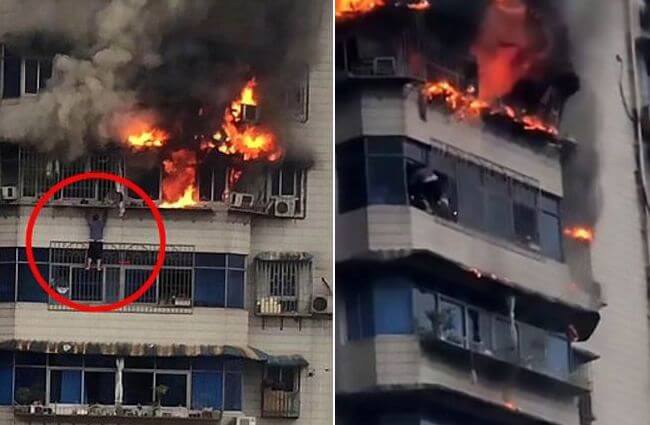 Китаец спасся, перебравшись по балкону из своего пылающего жилища (Видео)