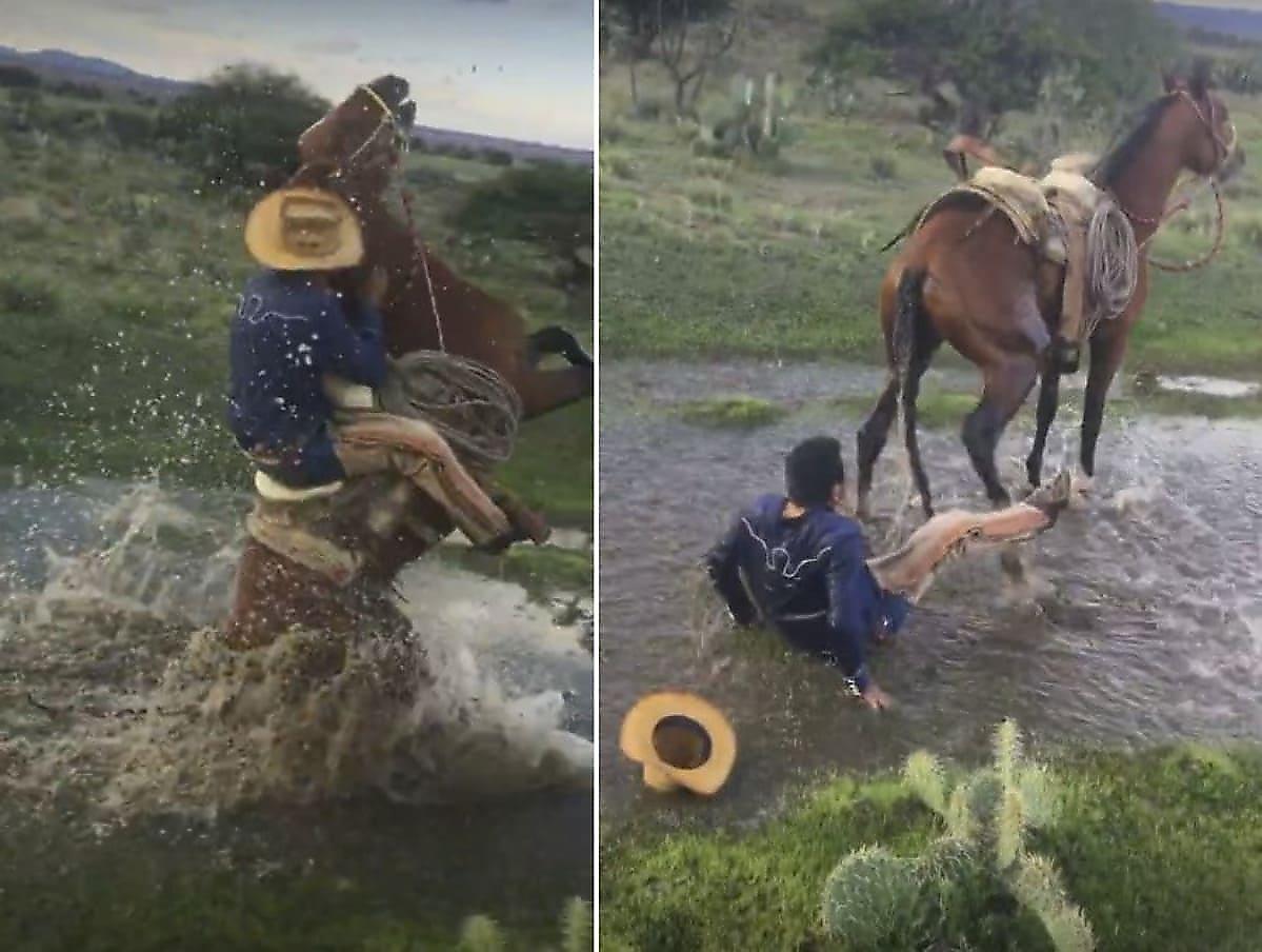 Всадник не удержался в седле у поскользнувшегося на воде коня