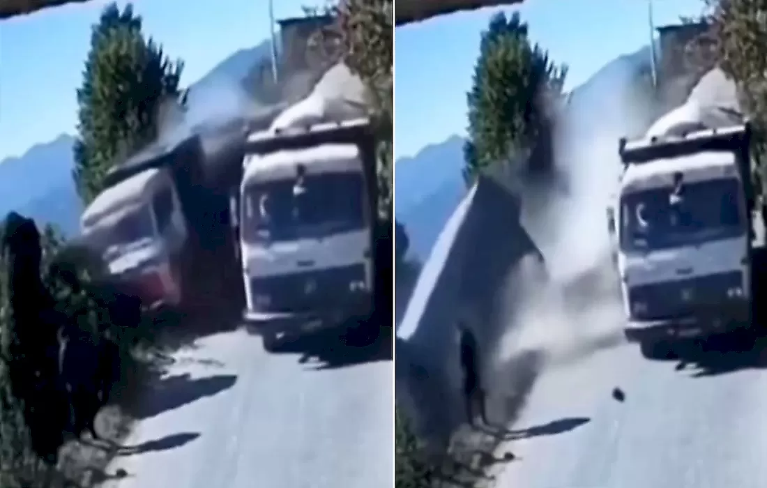 Скатившийся с обрыва грузовик чудом не сбил справлявшего нужду пешехода: видео