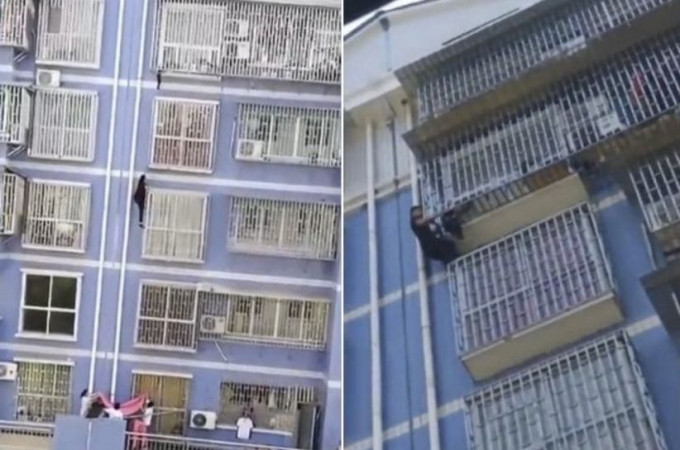 Китаец по оконным решёткам забрался на 5-й этаж дома и спас застрявшего ребёнка (Видео)