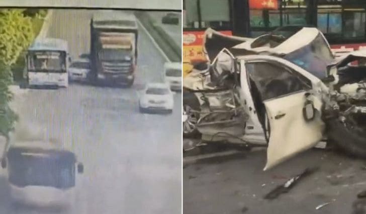 Автомобиль превратился в консервную банку, оказавшись между автобусом и грузовиком в Китае (Видео) Автомобиль превратился в консервную банку, оказавшись между автобусом и грузовиком в Китае (Видео)