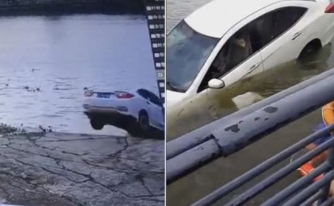 Пожилой водитель, перепутав педали, утопил свой автомобиль в китайской реке (Видео)