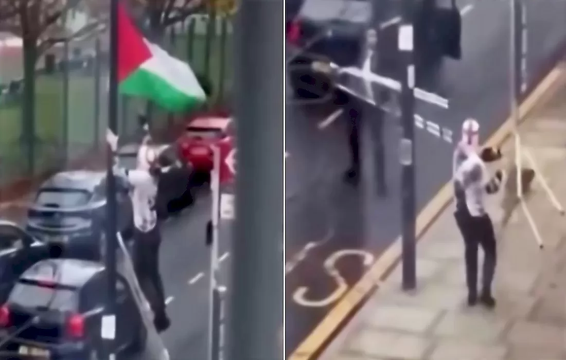 Дуэль на стремянках, не поделивших палестинский флаг драчунов, попала на видео