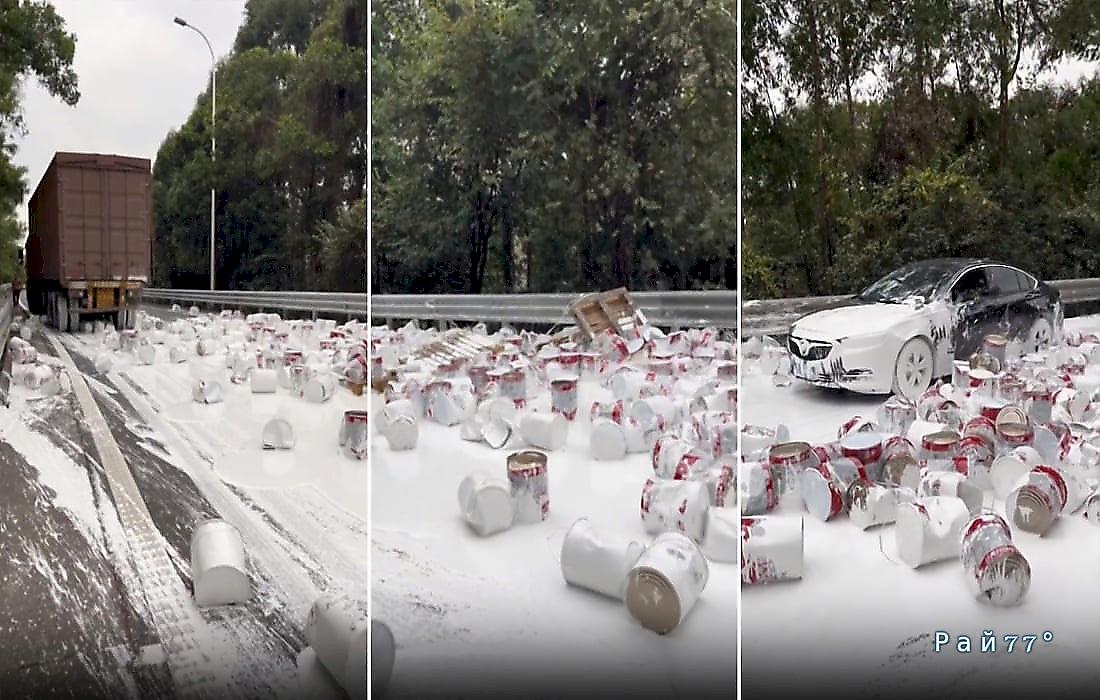 Сотни банок с краской выпали из грузовика и «преобразили» китайскую автомагистраль