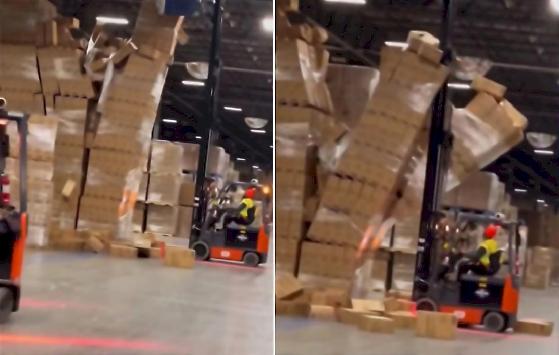 Неудачливый работник склада обрушил штабель с телевизорами и попал на видео
