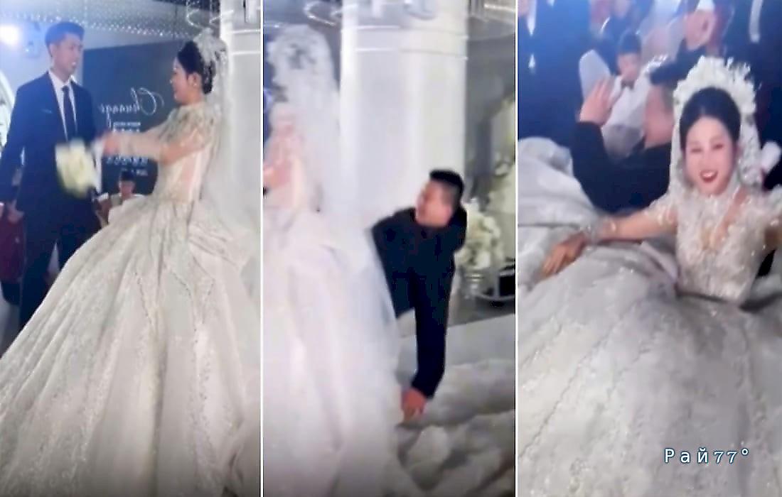 Шустрый китаец сбил невесту, ловя свадебный букет: видео