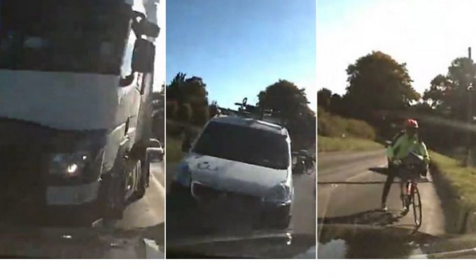 Автомобилист, уходя от лобового столкновения с грузовиком, объехал легковушку, а затем велосипедиста в Британии (Видео)