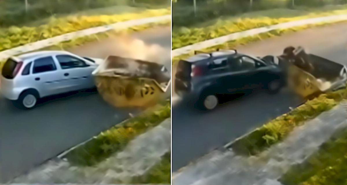 Мусорный контейнер дважды «огорчил» двух рассеянных автомобилистов и попал на видео в Бразилии