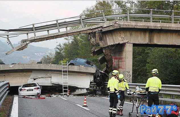 <p>Момент обрушения автомобильного моста, проходящего над магистралью недалеко от города Лекко был снят на видеокамеру наружного наблюдения.</p>