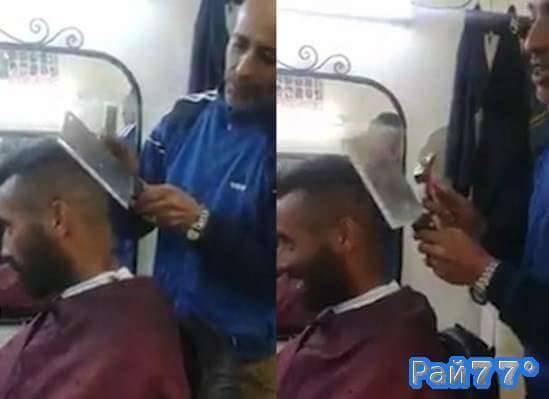 Необычную технику бритья при помощи мясного тесака и молотка продемонстрировал неизвестный парикмахер (Видео)