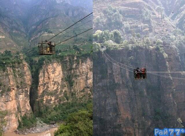 Жители удалённой китайской деревни добираются до «цивилизации» в железной клетке на 260-метровой высоте, над ущельем.
