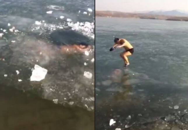Китайский «морж» совершил подлёдный заплыв, чуть не закончившийся трагедией. (Видео)