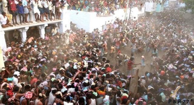 Две группировки, вооружённых коровьим навозом людей, приняли участие в настоящем побоище, организованном в деревне Kairuppala (штат Андхра - Прадеш).