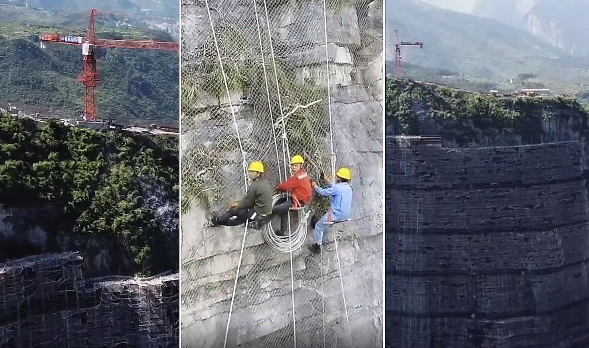 Строители сковали тросами горный массив, нависший над ж/д путями в Китае