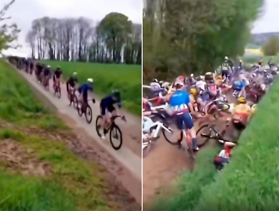 Столкновение десятков велосипедистов попало на видео на велогонке во Франции