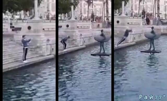 Кристиан Стефан Молосия, житель города Аликанте запечатлел эпизод из жизни одного американского туриста, попытавшегося допрыгнуть до статуи Икара, находящейся в водоёме.