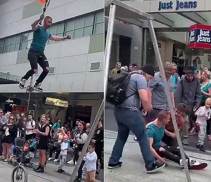 Уличный артист удивил толпу, упав с 3-метровой высоты моноцикла в Аделаиде ▶