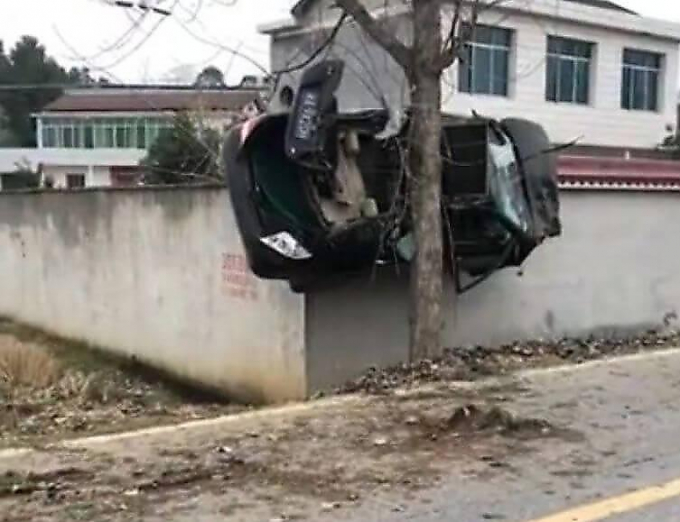 Китайский автомобилист «запарковался» между деревом и гаражом