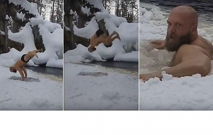 Закалённый гимнаст зрелищно проломил лёд на озере в Норвегии