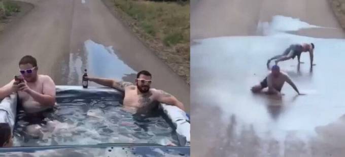 Два американца не заметили, как выпали из импровизированного бассейна и оказались на проезжей части. (Видео)