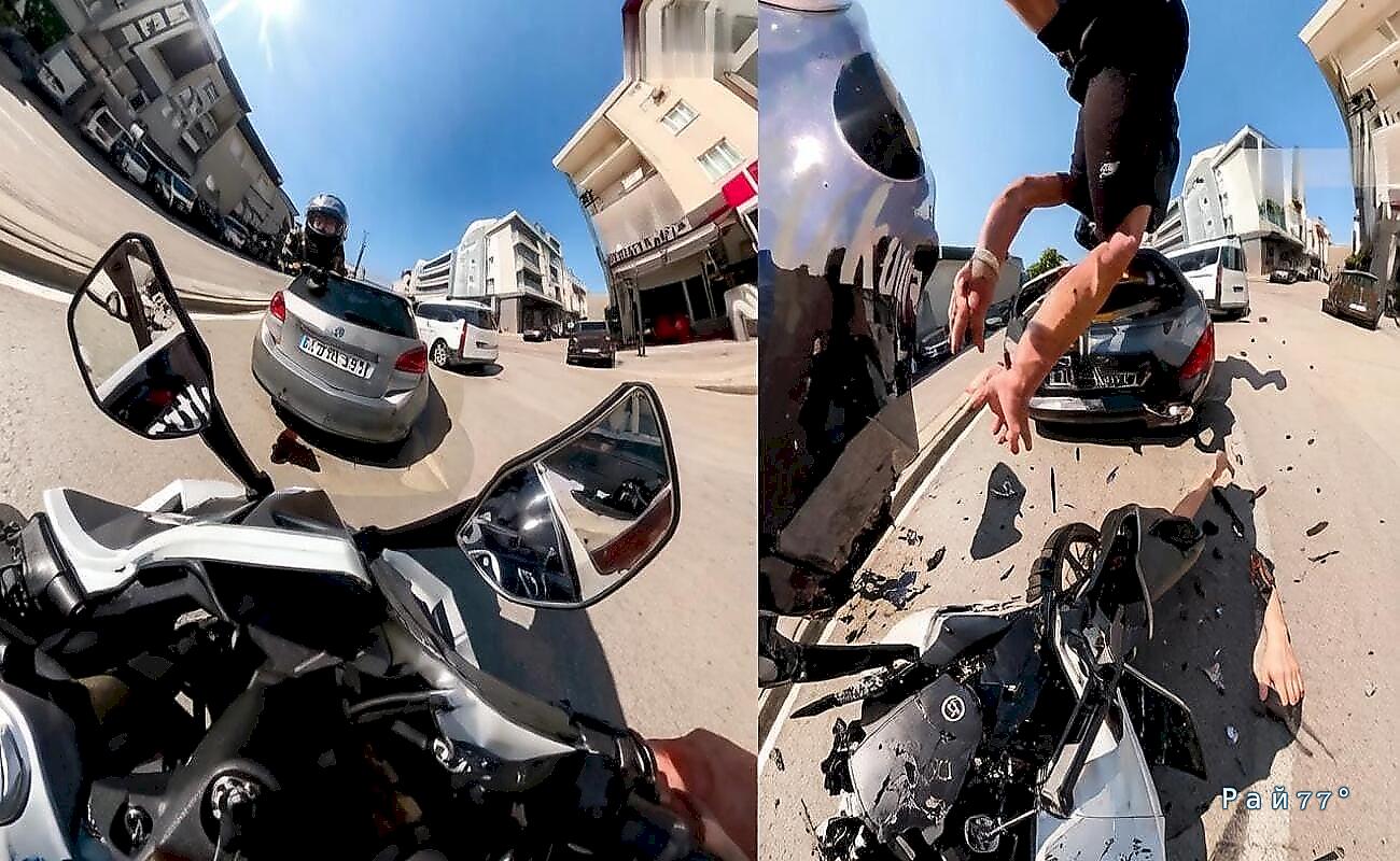 Мотоциклист, врезавшийся в автомобиль, отлетел на несколько метров и запечатлел свой полёт Мотоциклист, врезавшийся в автомобиль, отлетел на несколько метров и запечатлел свой полёт