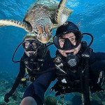 Любопытная черепаха появилась в кадре во время подводной фотосессии двух дайверов