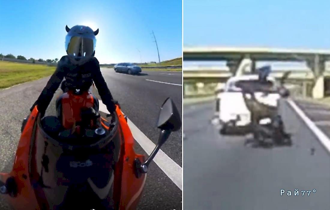 Мотоциклист, лишившийся байка и спасшийся в кузове пикапа, попал на видео в США