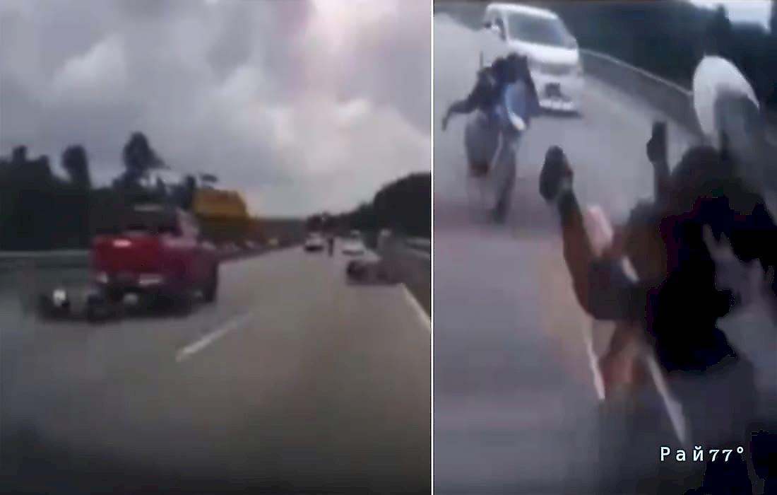Мотоциклисты не успели объехать легковушку и чудом не угодили под её колёса: видео