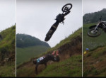 Мотоцикл улетел с холма от неудачливого участника мотокросса - видео