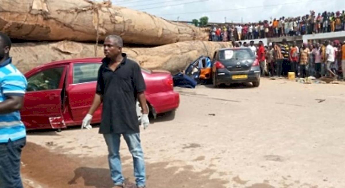 Огромные брёвна вывалились из лесовоза и расплющили автомобили в Гане