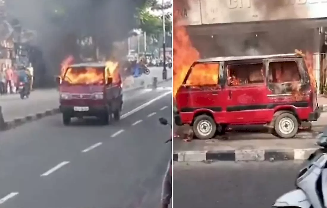 Горящий фургон продолжил движение по индийской улице: видео