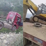 Экскаватор предотвратил крушение грузовика, транспортирующего его, от падения в ущелье (Видео)