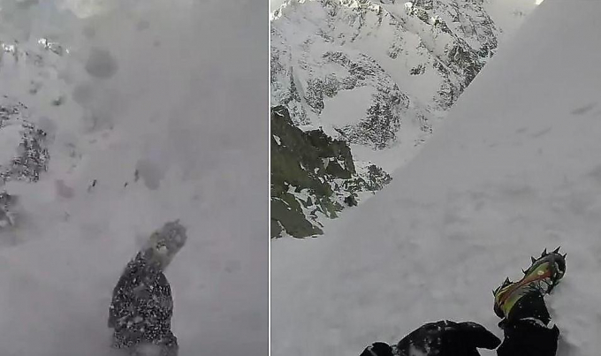 Альпинист чудом не упал с заснеженного склона горы в Польше ▶