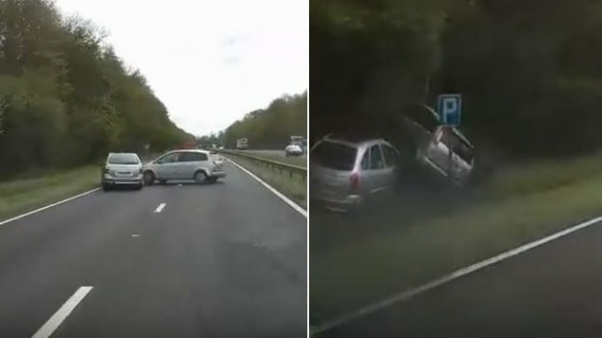 Двое автовладельцев, не поделивших дорогу, «закружились в танце» и оказались в кювете на автотрассе в Британии (Видео)
