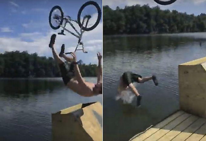 Американский велосипедист совершил зрелищное погружение с трамплина в озеро (Видео)