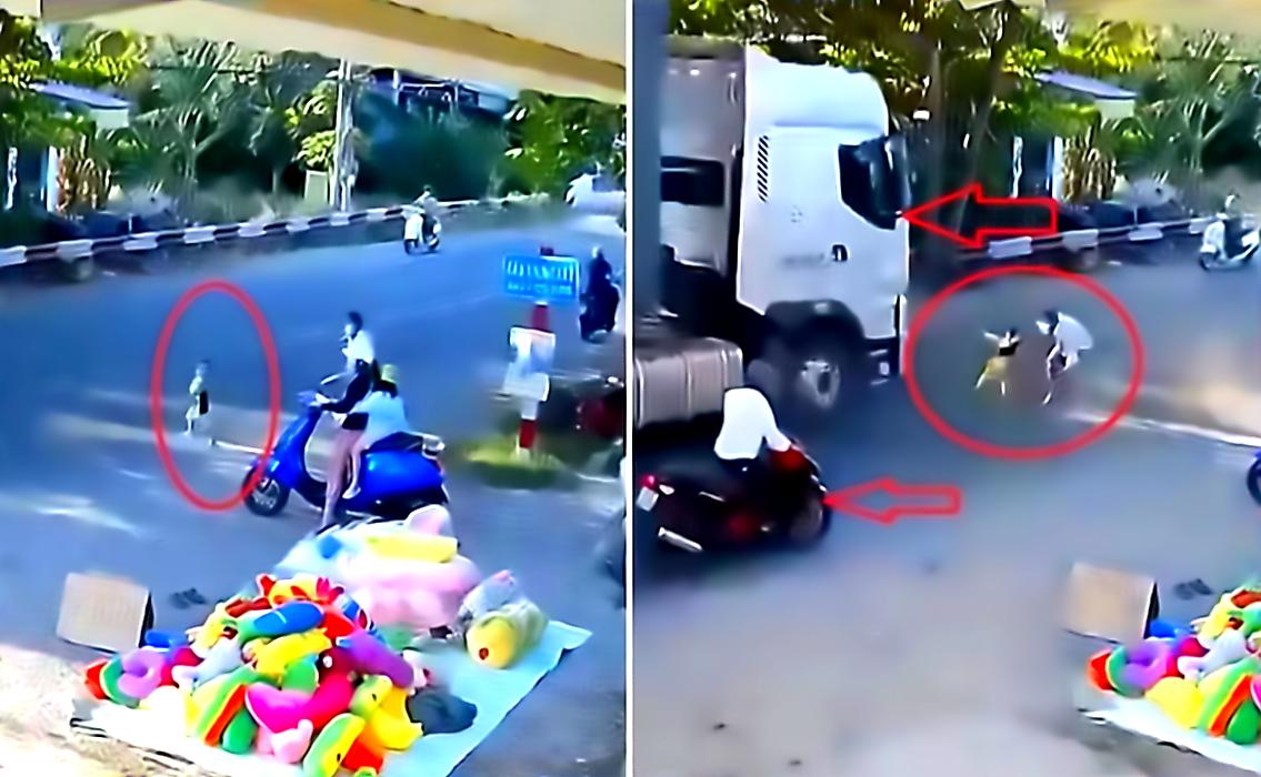 Драматичное спасение ребёнка, чуть не угодившего под фуру, попало на видео во Вьетнаме