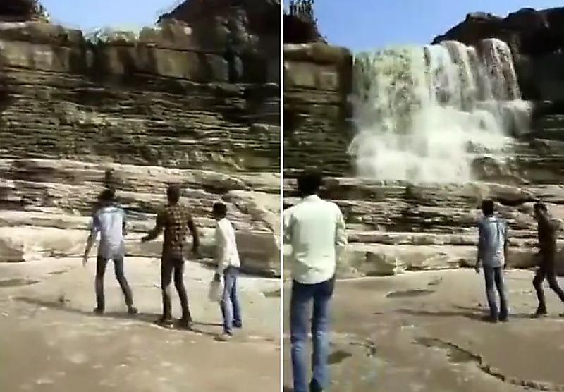 Пересохший водопад вернулся к жизни во время селфи индийских экстремалов ▶