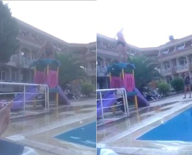 Пьяный турист из Белоруссии сломал детскую горку во время неудачного прыжка в бассейн на турецком курорте (Видео)