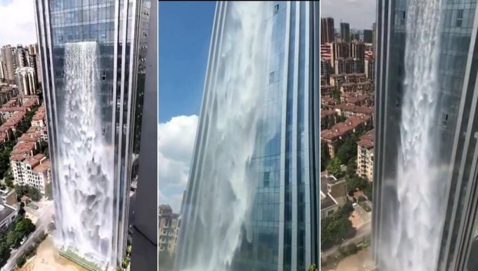Самый высокий, искусственный водопад создали на китайском небоскрёбе (Видео)