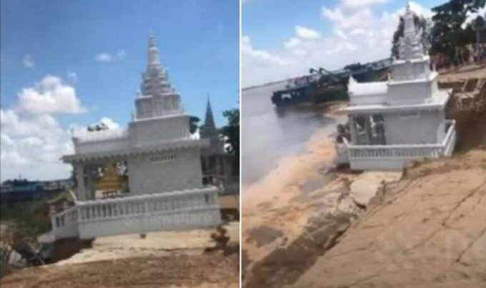Буддийский храм смыло оползнем в реку в Камбодже (Видео)